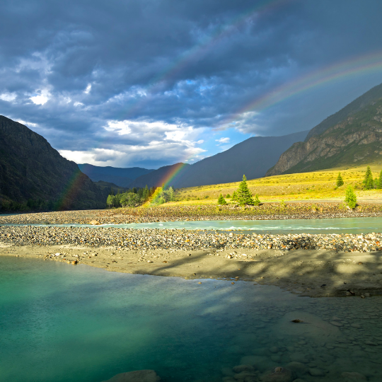 Nature, mountains, rainbow, river, sunrise
