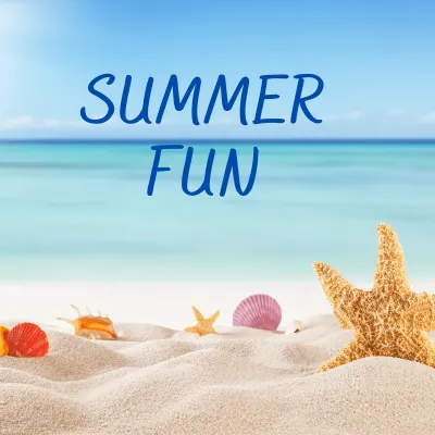Summer fun - beach scene with the ocean on the top and at the bottom, beach sand with shells and a starfish